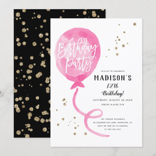 Pink Watercolor Balloon Gold Confetti Birthday Invitation