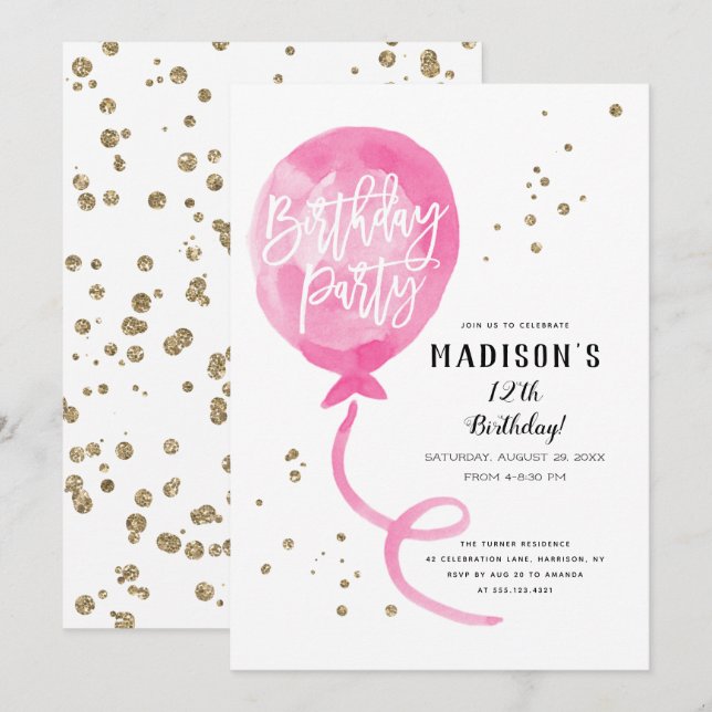 Pink Watercolor Balloon Gold Confetti Birthday Invitation (Front/Back)