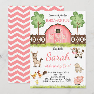 Pink Watercolor Barnyard Farm Birthday Invitation