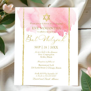 Pink Watercolor Bat Mitzvah Budget Invitation
