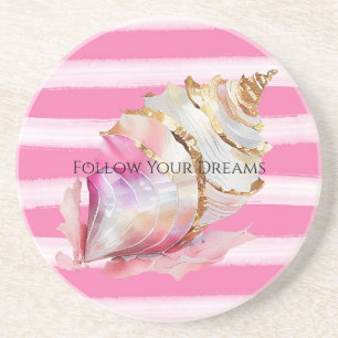 Pink Watercolor Beach Stripes Gold Shell Coaster