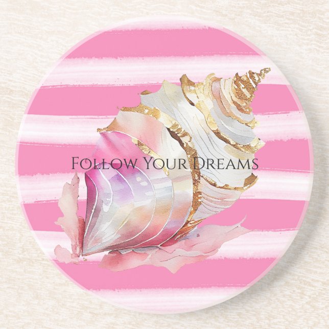 Pink Watercolor Beach Stripes Gold Shell Coaster (Front)