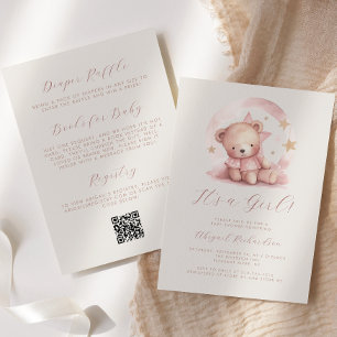 Pink Watercolor Bear Girl QR Code Baby Shower Invitation