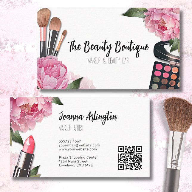 Pink Watercolor Beauty Makeup Artist Business Card (Cute Watercolor Floral Beauty Salon Makeup Artist Business Card)