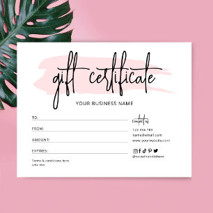 Pink Watercolor Beauty Salon Logo Gift Certificate Card