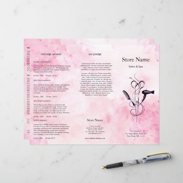 Pink Watercolor Beauty Salon Trifold Bruchure (Front/Back In Situ)