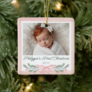 Pink Watercolor Berries Bow Baby's First Christmas Ceramic Ornament