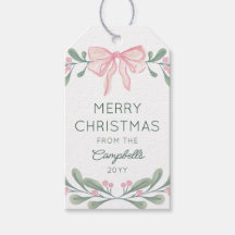 Pink Watercolor Berries Bow Merry Christmas
