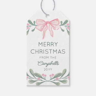 Pink Watercolor Berries Bow Merry Christmas Gift Tags