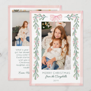 Pink Watercolor Berries & Bow Merry Christmas Holiday Card