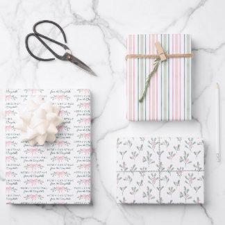 Pink Watercolor Berries Bow Merry Christmas Wrapping Paper Sheet