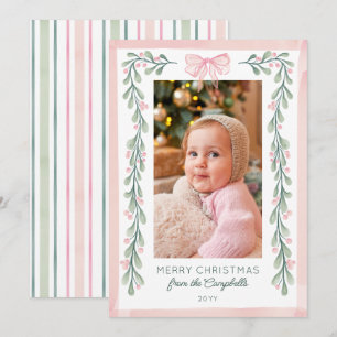 Pink Watercolor Berries Bow Photo Merry Christmas Holiday Card