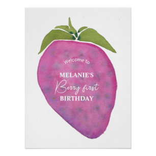 Pink watercolor Berry First Birthday Welcome Poster