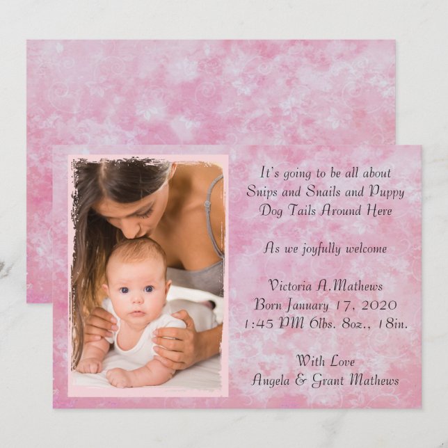 Pink Watercolor Birth Announcement (Front/Back)