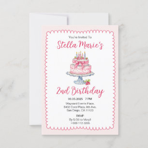 Pink Watercolor Birthday Cake Party Invitation