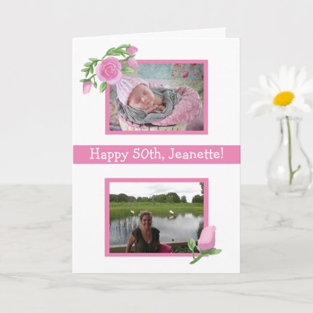 Pink Watercolor Birthday Now and Then Photos Card (Small Plant)