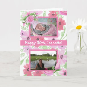 Pink Watercolor Birthday Now and Then Photos Card