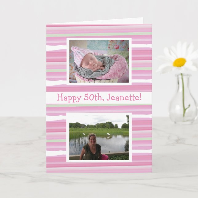 Pink Watercolor Birthday Now and Then Photos Card (Small Plant)