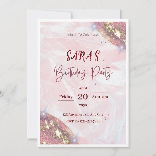Pink  Watercolor Birthday Party Invitation (Front)