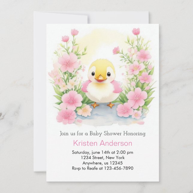 Pink Watercolor Blissful Duck Girl Baby Shower Invitation (Front)
