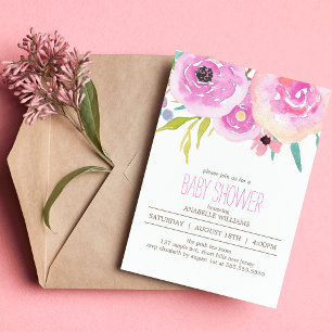 Pink Watercolor Blooms Baby Shower Invitation