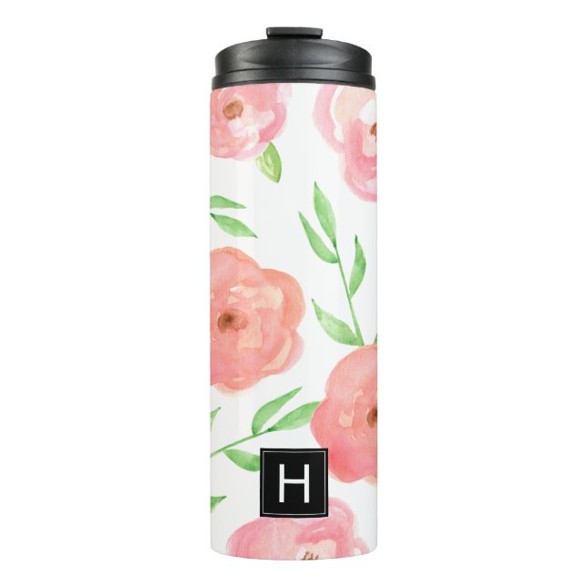 Pink Watercolor Blooms Thermal Tumbler (Front)