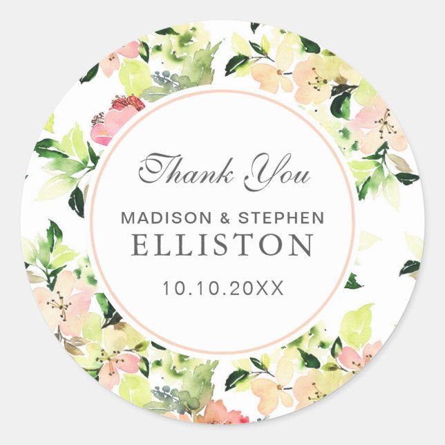 Pink Watercolor Blossom Pattern | Thank You Classic Round Sticker (Front)