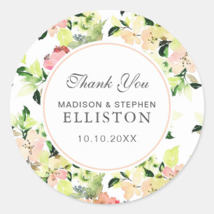 Pink Watercolor Blossom Pattern Thank You Classic Round Sticker