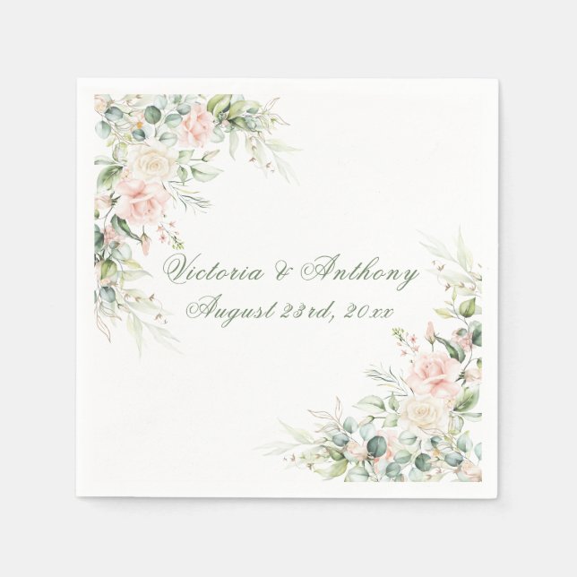 Pink Watercolor Blush Green Floral Wedding Napkins (Front)