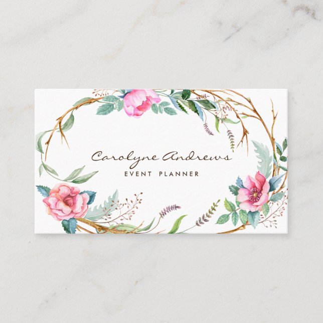 Pink Watercolor Bohemian Floral Wreath Business Card (Front)