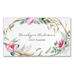 Pink Watercolor Bohemian Floral Wreath Magnetic Business Card