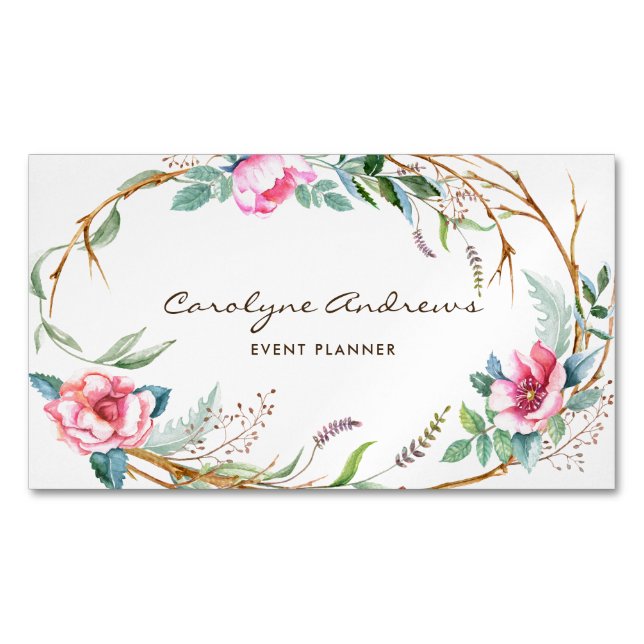Pink Watercolor Bohemian Floral Wreath Magnetic Business Card (Front)