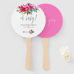 Pink Watercolor Boho Chic Floral Baby Shower Hand Fan