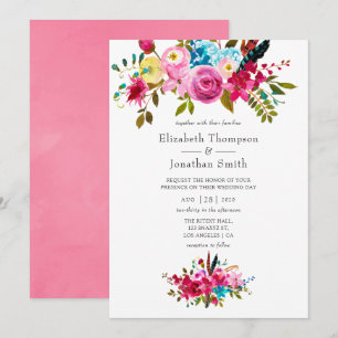 Pink Watercolor Boho Chic Floral Wedding Invitation