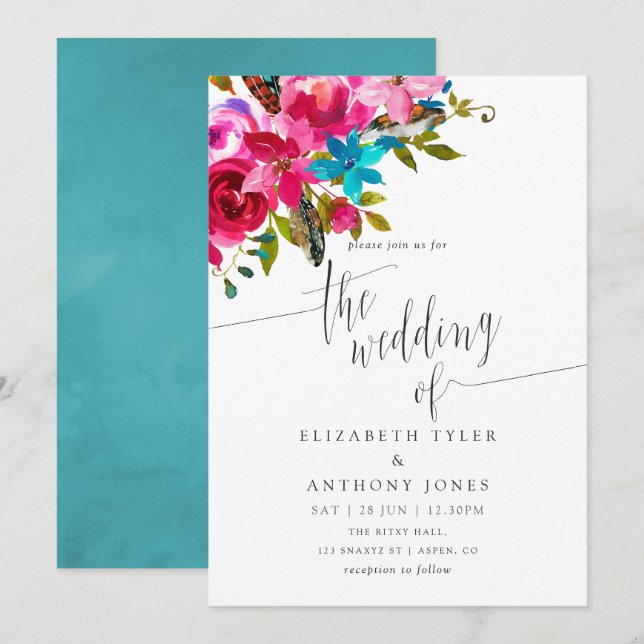 Pink Watercolor Boho Chic Floral Wedding Invite (Front/Back)