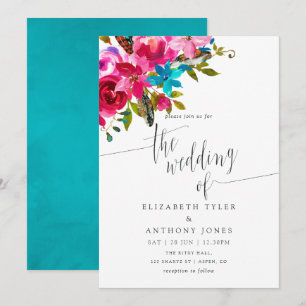 Pink Watercolor Boho Chic Floral Wedding Invite