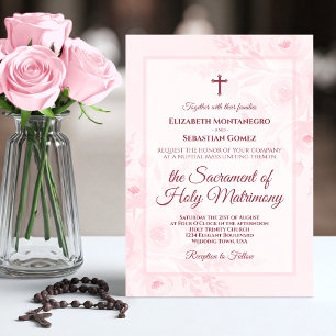 Pink Watercolor Boho Chic Peonies Catholic Wedding Invitation