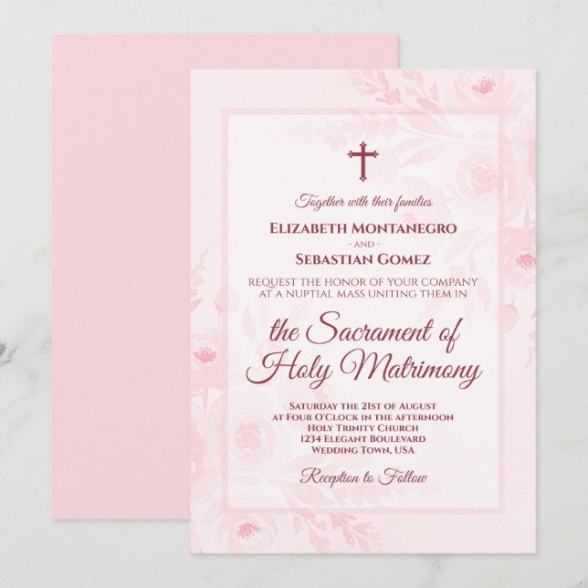 Pink Watercolor Boho Chic Peonies Catholic Wedding Invitation (Front/Back)