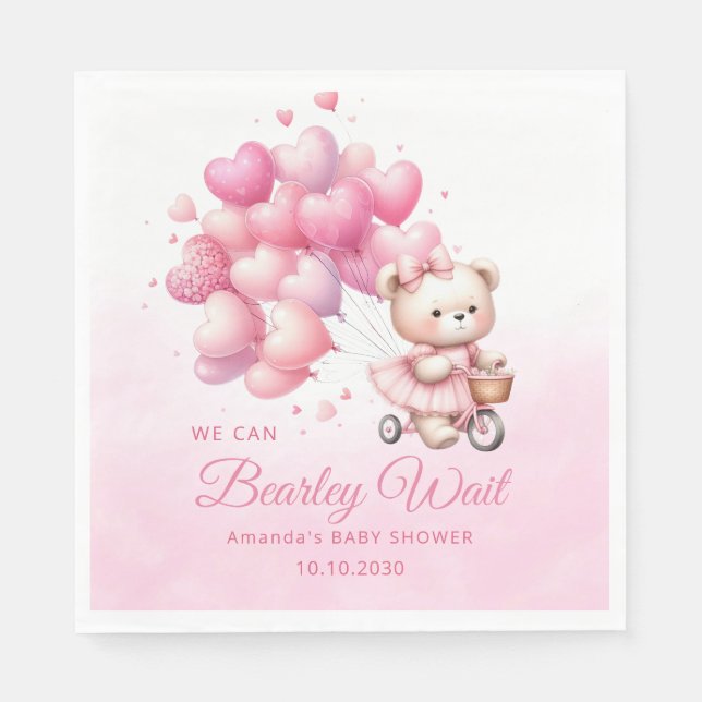 Pink Watercolor Boho Girl Teddy Bear Baby Shower  Napkin (Front)