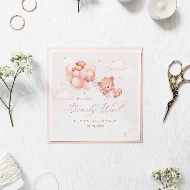 Pink Watercolor Boho Girl Teddy Bear Baby Shower Napkin (Creator Uploaded)