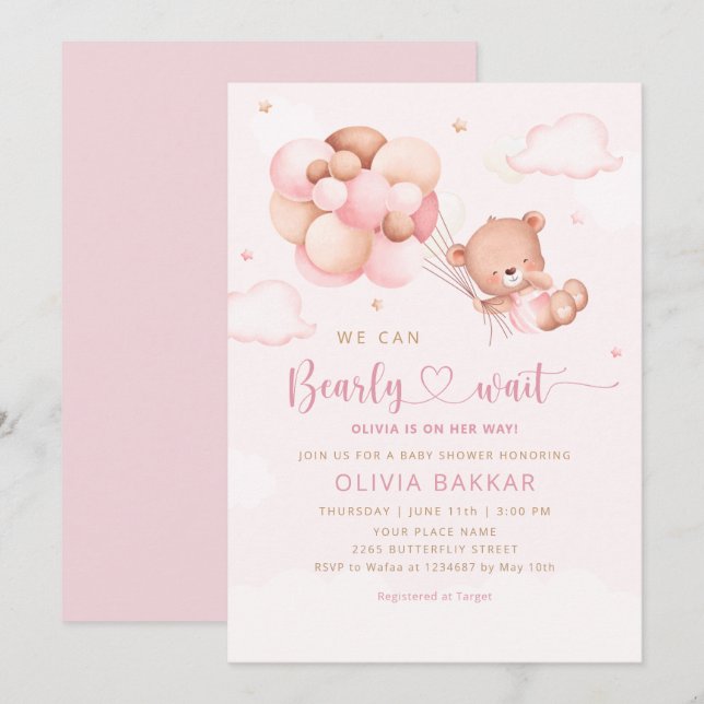 Pink Watercolor Boho Teddy Bear Girl Baby Shower Invitation (Front/Back)