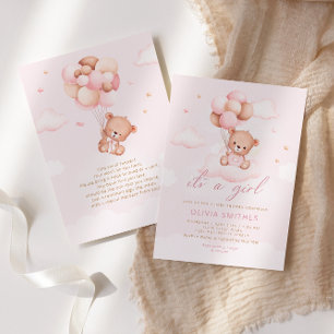 Pink Watercolor Boho Teddy Bear Girl Baby Shower  Invitation