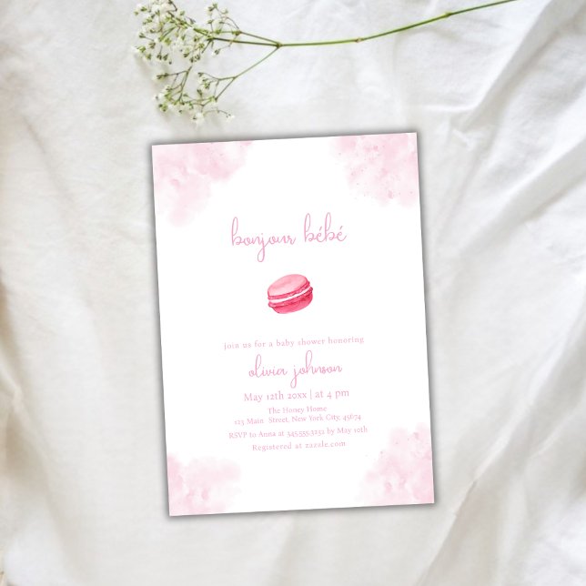 Pink Watercolor Bonjour Bébé Macaron Baby Shower  Invitation (Pink Watercolor Bonjour Bébé Macaron Baby Shower Invitation)