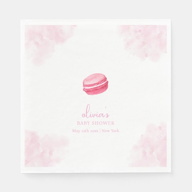 Pink Watercolor Bonjour Bébé Macaron Baby Shower Napkin (Front)