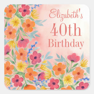 Pink Watercolor Botanical Personalised Birthday Square Sticker