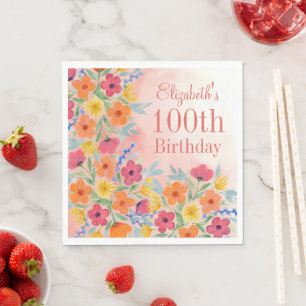 Pink Watercolor Botanical Personalized Birthday Napkin