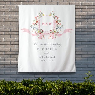 Pink Watercolor Botanical Regency Crest Wedding Tapestry