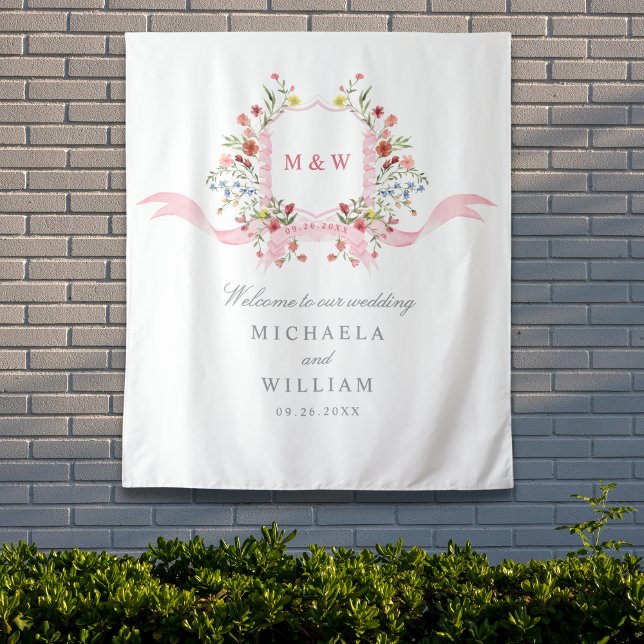 Pink Watercolor Botanical Regency Crest Wedding Tapestry (Creator Uploaded)