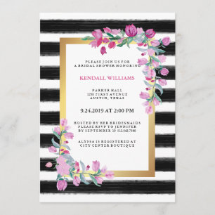 Pink Watercolor Bougainvillea with Black Stripes Invitation