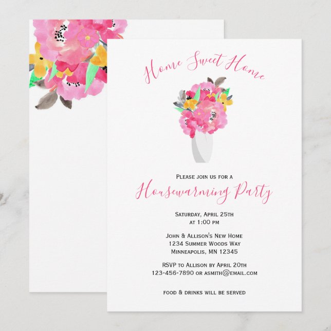 Pink Watercolor Bouquet | Floral Housewarming Invitation (Front/Back)